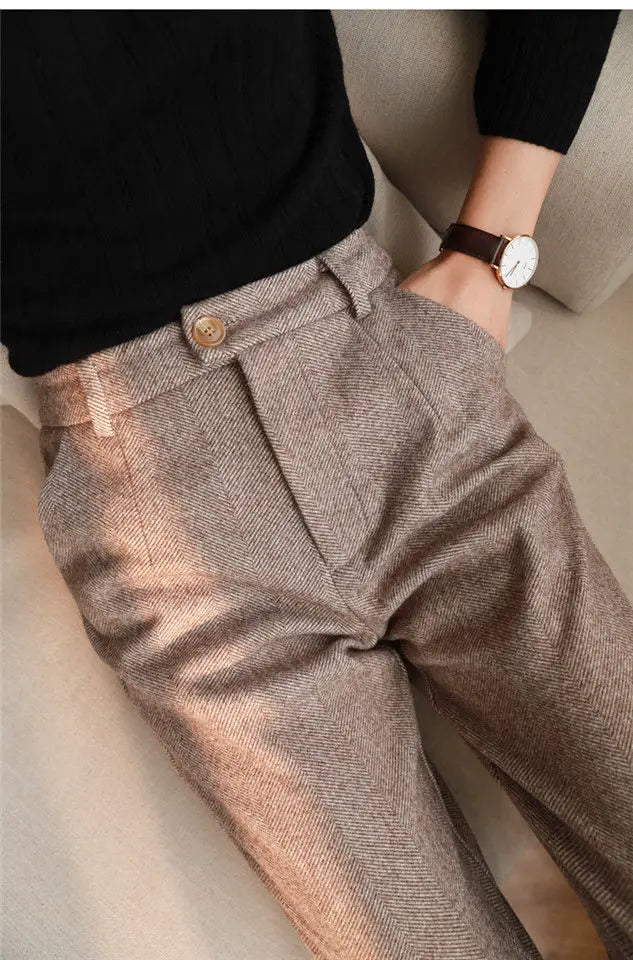 Women's High-Waist Woolen Harem Pants – Elegant Office & Casual Wear