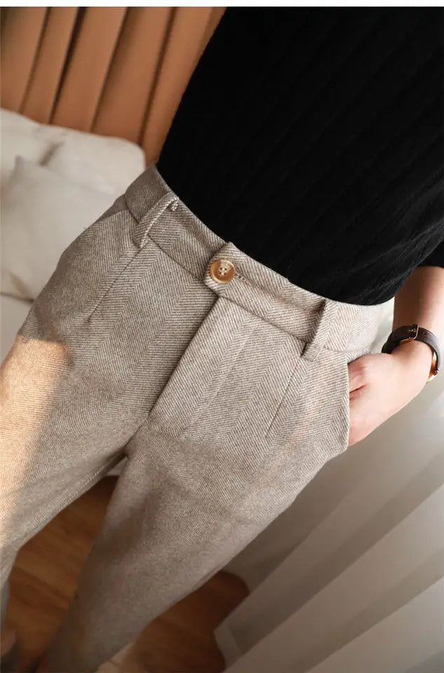 Women's High-Waist Woolen Harem Pants – Elegant Office & Casual Wear