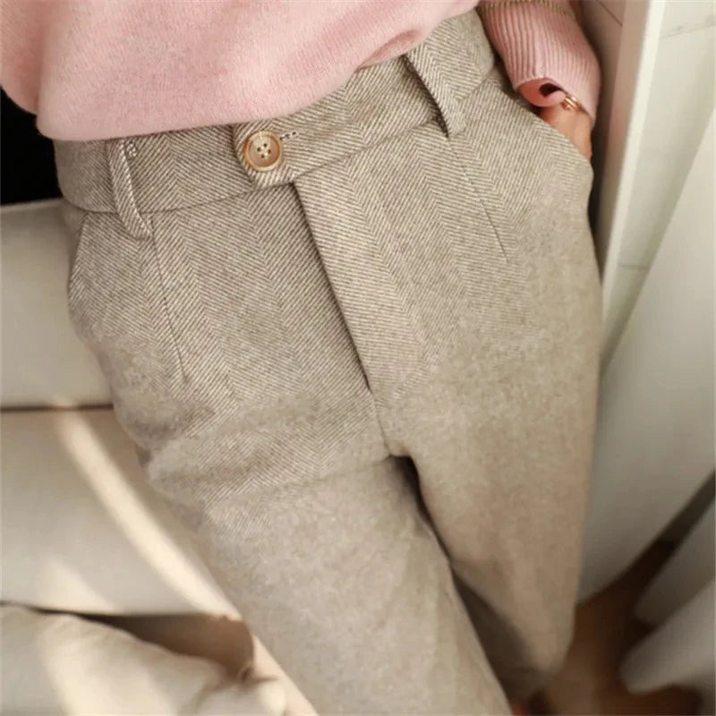 Women's High-Waist Woolen Harem Pants – Elegant Office & Casual Wear