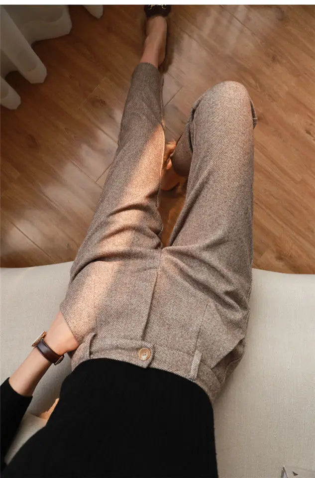 Women's High-Waist Woolen Harem Pants – Elegant Office & Casual Wear