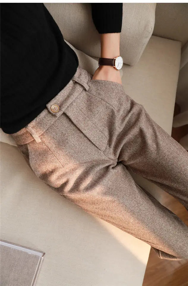 Women's High-Waist Woolen Harem Pants – Elegant Office & Casual Wear