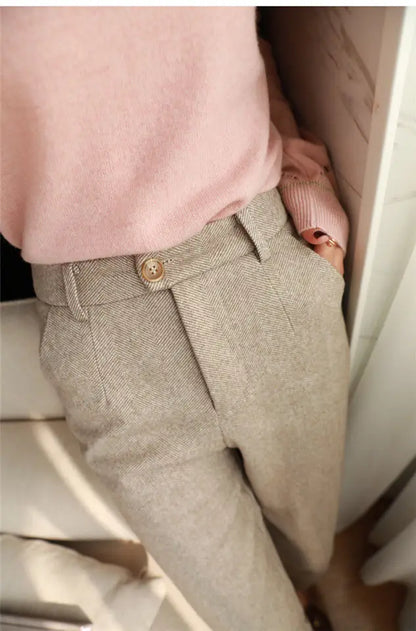 Women's High-Waist Woolen Harem Pants – Elegant Office & Casual Wear