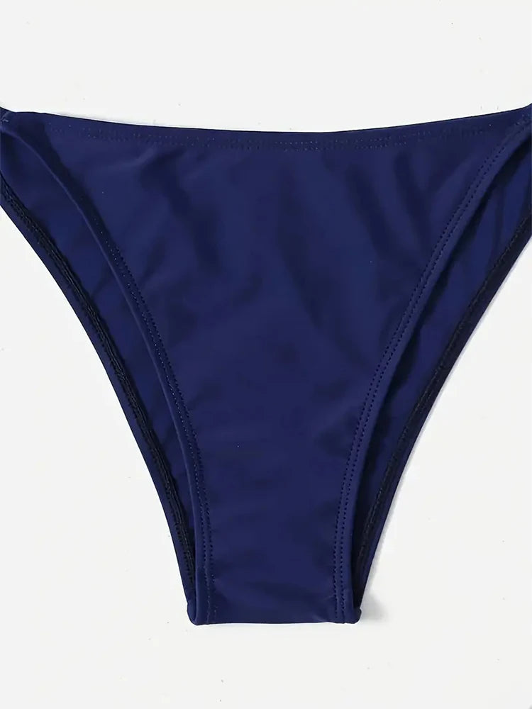 Navy Blue Triangle Bikini Set with Bandage Detail