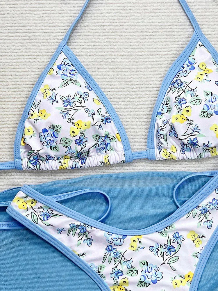 Printed Three-Piece Bikini Set with Tied Halter & Skirt