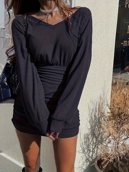 Ruched V-Neck Long Sleeve Bodycon Mini Dress