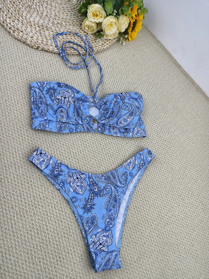 Mesh Printed Three-Piece Bikini Set with Push-Up