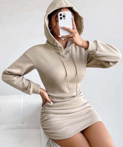 Women's Hooded Drawstring Hoodie Dress – Sexy Fit, Long Sleeve, Autumn & Winter Style