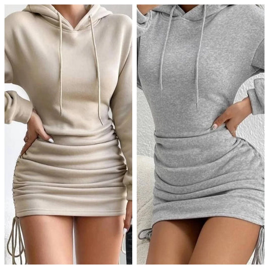 Women's Hooded Drawstring Hoodie Dress – Sexy Fit, Long Sleeve, Autumn & Winter Style