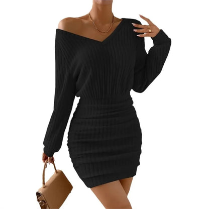 V Neck Ribbed Sleeve Slim Bodycon Knitted Short Dress