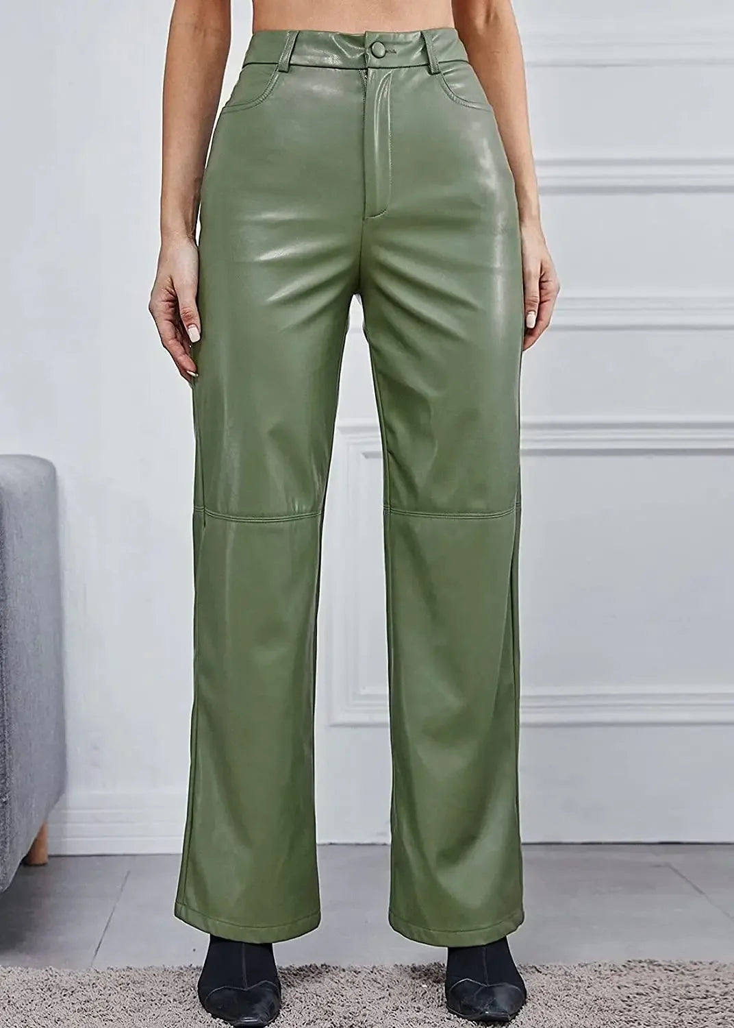 High-Waist Straight Leather Pants