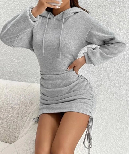 Women's Hooded Drawstring Hoodie Dress – Sexy Fit, Long Sleeve, Autumn & Winter Style