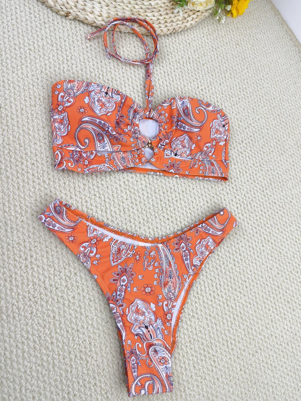 Mesh Printed Three-Piece Bikini Set with Push-Up