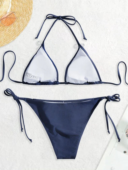 Navy Blue Triangle Bikini Set with Bandage Detail