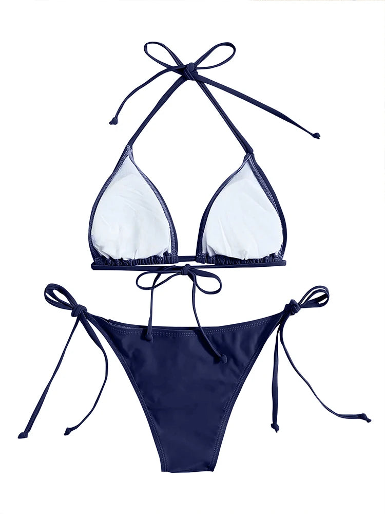 Navy Blue Triangle Bikini Set with Bandage Detail