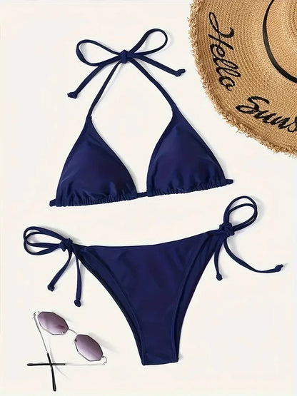 Navy Blue Triangle Bikini Set with Bandage Detail