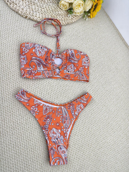 Mesh Printed Three-Piece Bikini Set with Push-Up