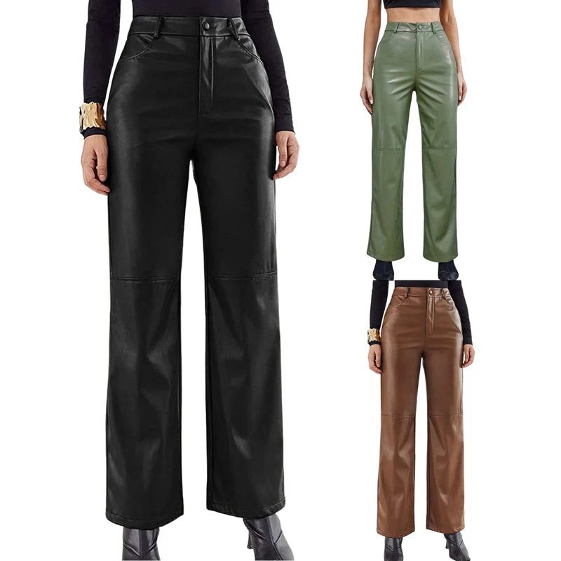 High-Waist Straight Leather Pants