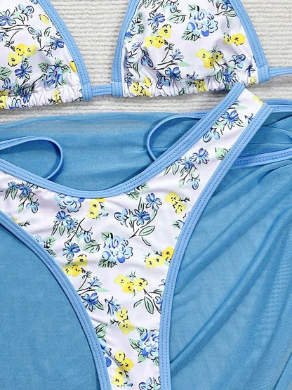 Printed Three-Piece Bikini Set with Tied Halter & Skirt