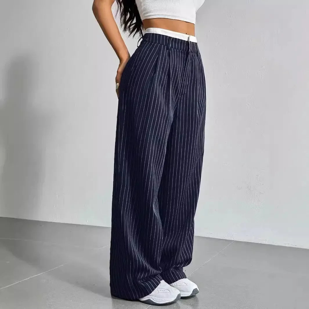 High Waist Casual Striped Wide-Leg Pants