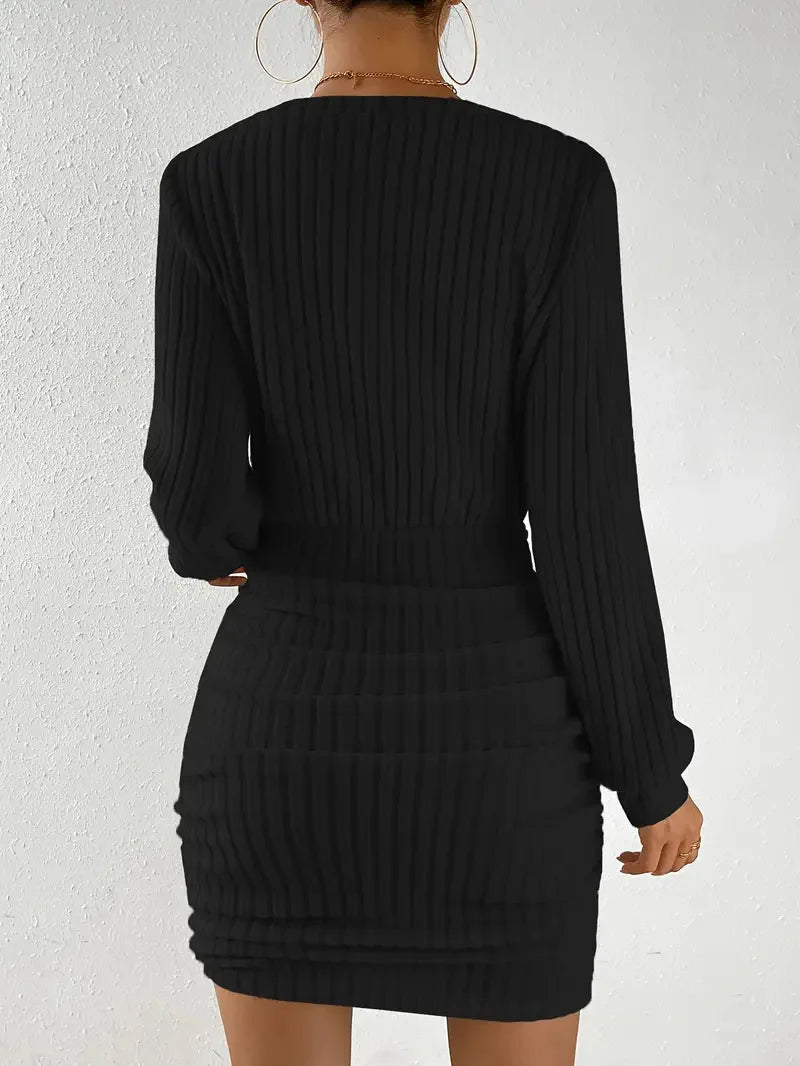 V Neck Ribbed Sleeve Slim Bodycon Knitted Short Dress