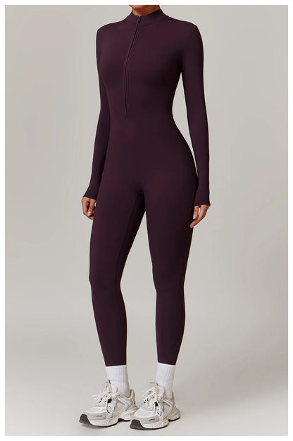 Zip-Up Long Sleeve Yoga Romper One-Piece Fitness Jumpsuit