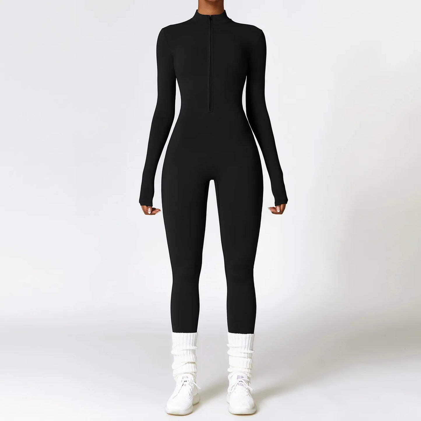 Zip-Up Long Sleeve Yoga Romper One-Piece Fitness Jumpsuit