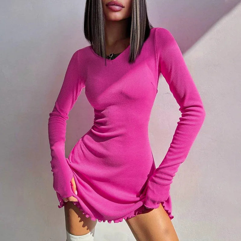 Knitted Bodycon Mini Dress – Long Sleeve, Autumn Winter Streetwear