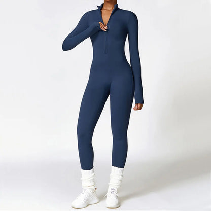 Zip-Up Long Sleeve Yoga Romper One-Piece Fitness Jumpsuit