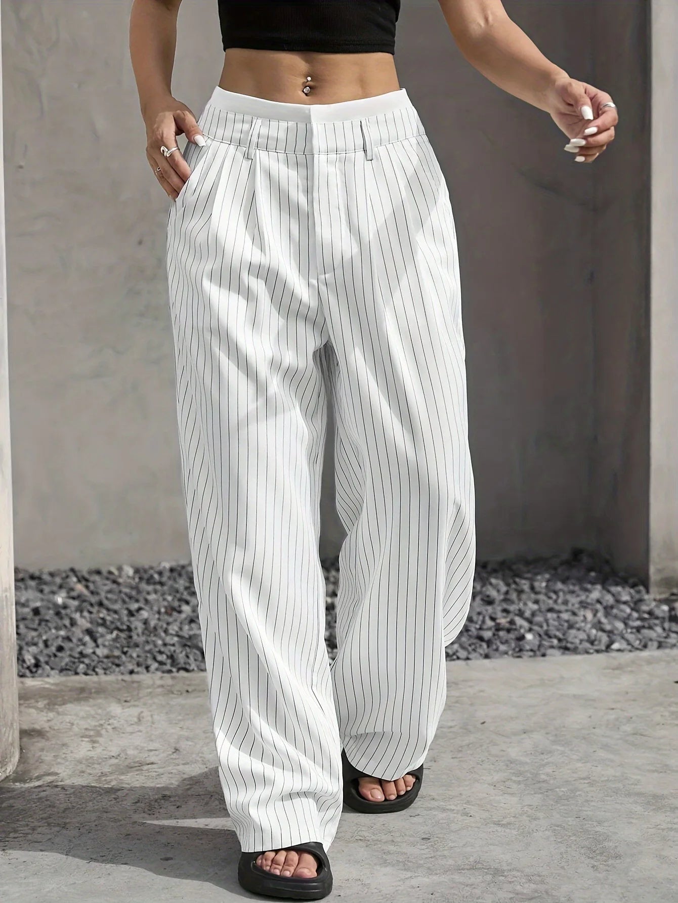 High Waist Casual Striped Wide-Leg Pants