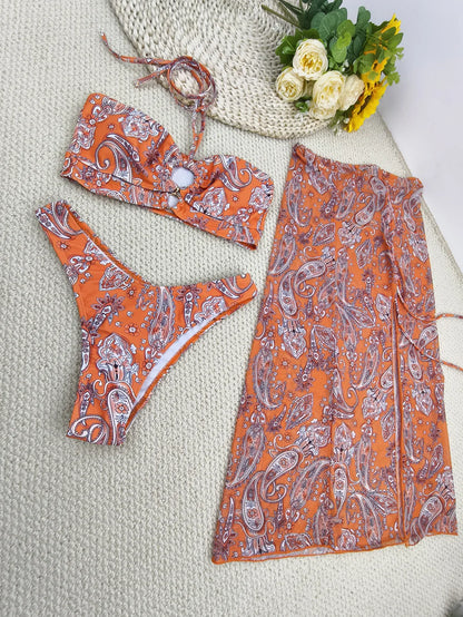 Mesh Printed Three-Piece Bikini Set with Push-Up