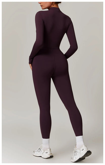 Zip-Up Long Sleeve Yoga Romper One-Piece Fitness Jumpsuit