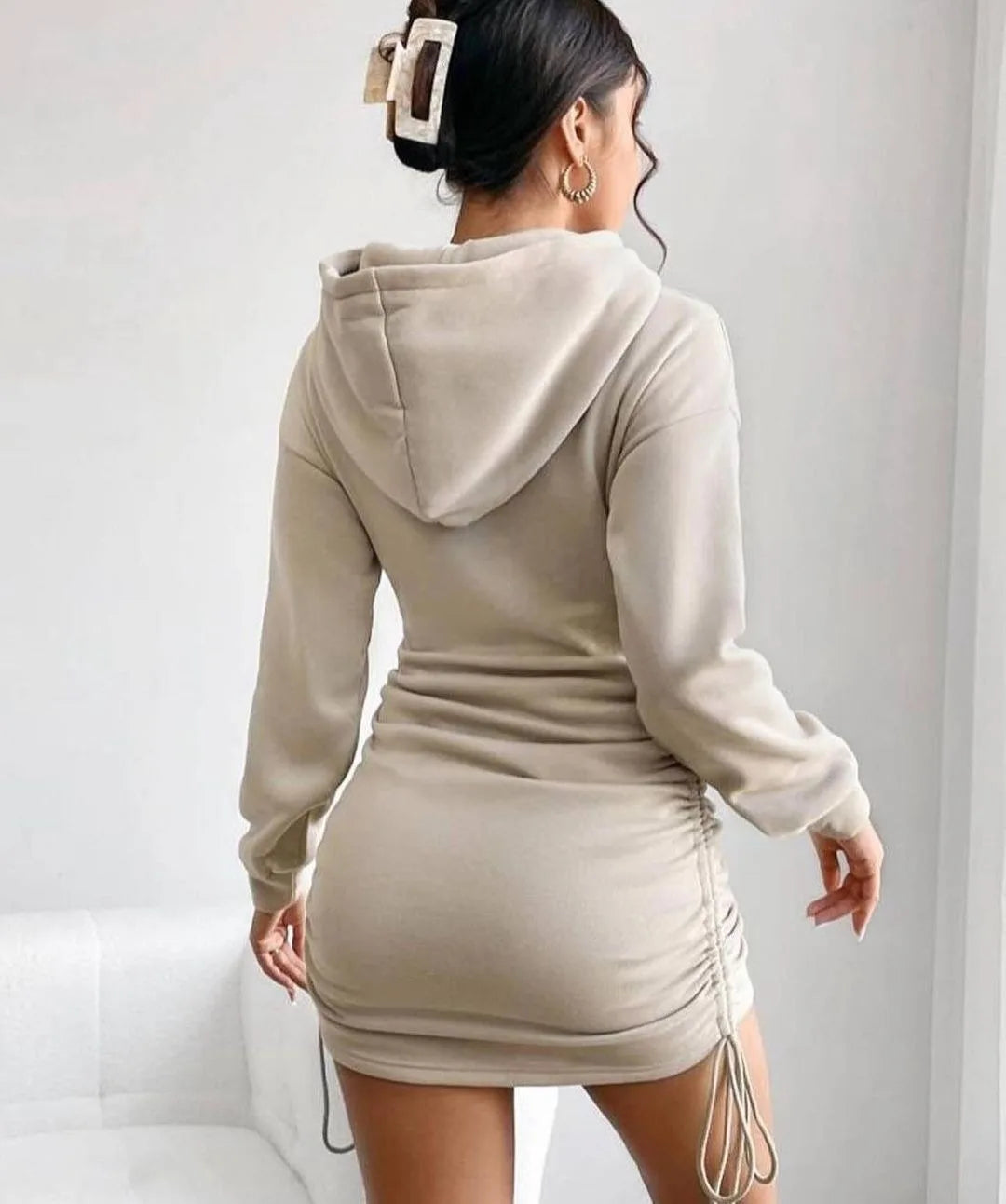 Women's Hooded Drawstring Hoodie Dress – Sexy Fit, Long Sleeve, Autumn & Winter Style