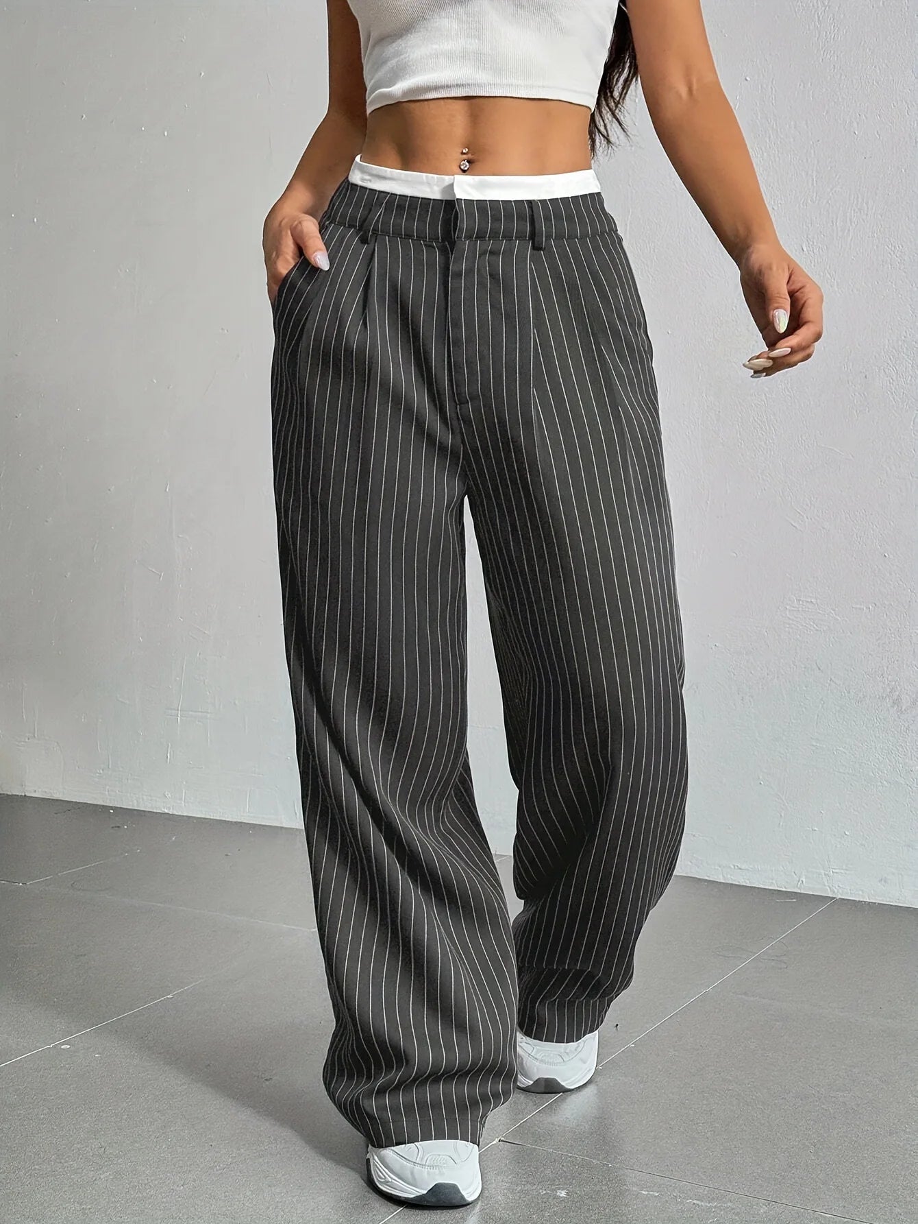 High Waist Casual Striped Wide-Leg Pants