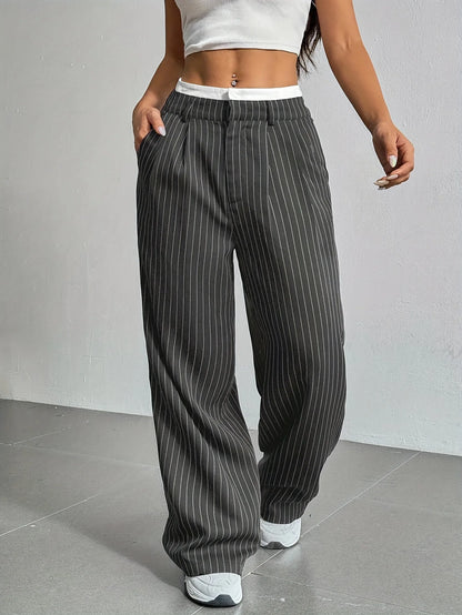 High Waist Casual Striped Wide-Leg Pants