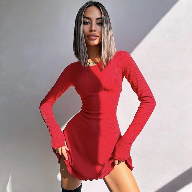 Knitted Bodycon Mini Dress – Long Sleeve, Autumn Winter Streetwear