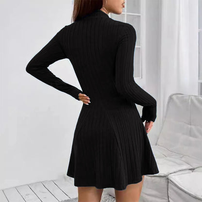 Women's Slim Fit Long Sleeve Sweater Dress – Elegant & Striped, Round Neck, Autumn Winter Style