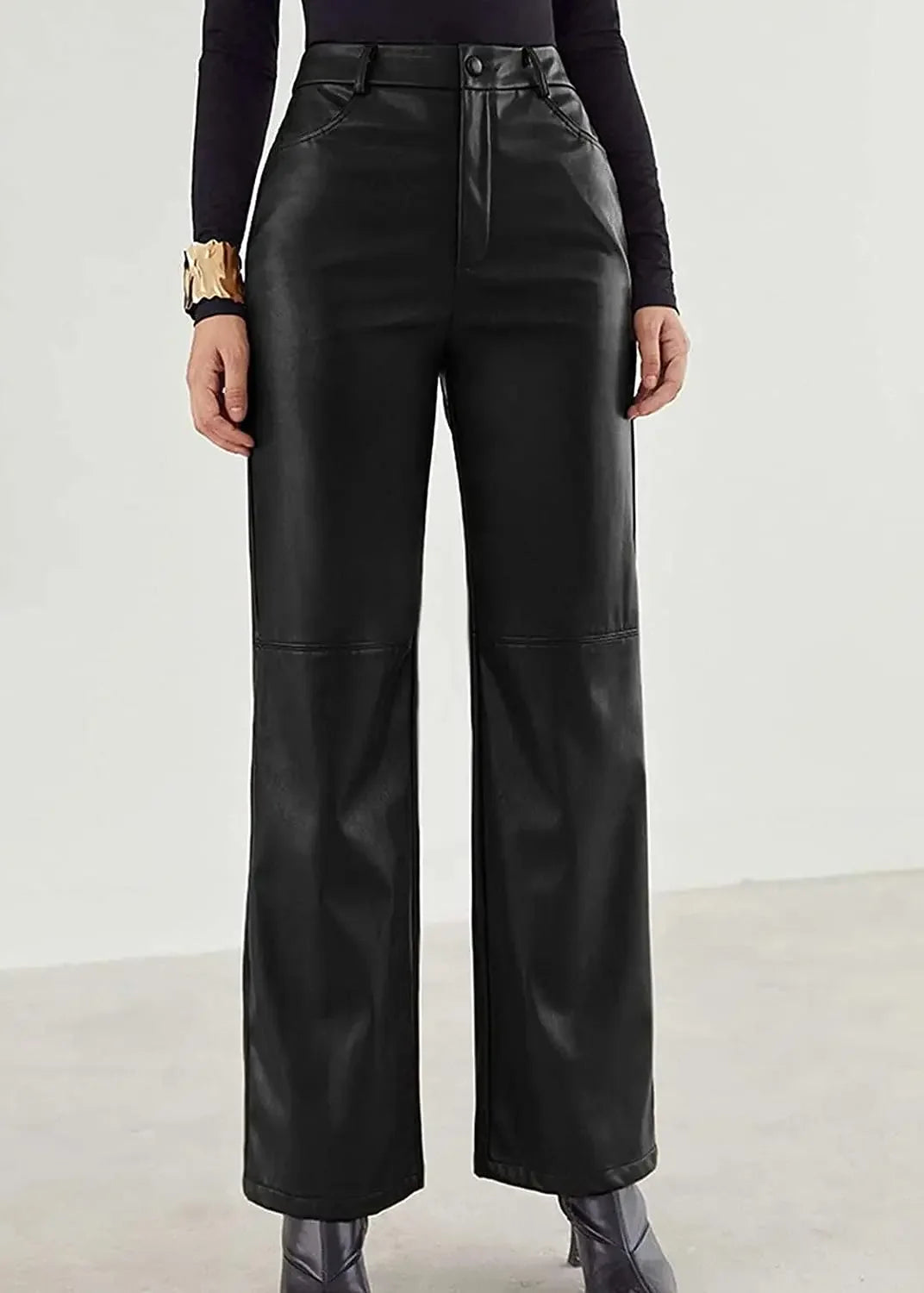 High-Waist Straight Leather Pants