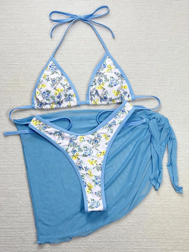 Printed Three-Piece Bikini Set with Tied Halter & Skirt