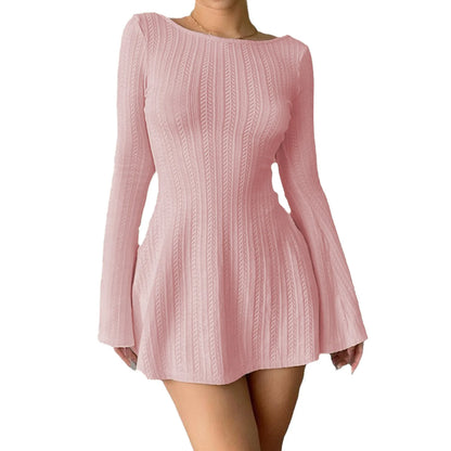 Ribbed Knit A-Line Sweater Dress – Long Sleeve, Crewneck, Casual Bodycon Fit