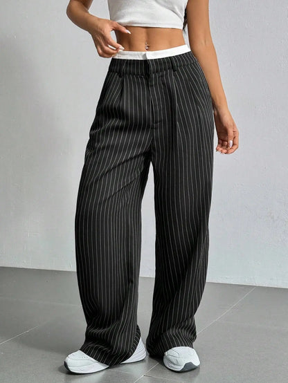 High Waist Casual Striped Wide-Leg Pants