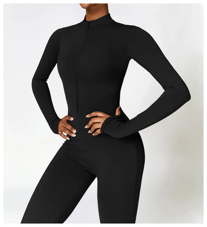 Zip-Up Long Sleeve Yoga Romper One-Piece Fitness Jumpsuit