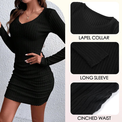 Mia Muse Ribbed Knit V-Neck Mini Dress – Slim Fit, Long Sleeve, Fall Winter Style