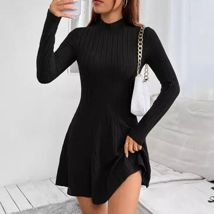 Women's Slim Fit Long Sleeve Sweater Dress – Elegant & Striped, Round Neck, Autumn Winter Style