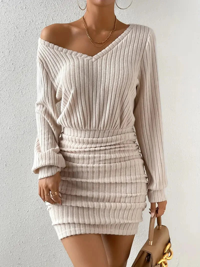 V Neck Ribbed Sleeve Slim Bodycon Knitted Short Dress