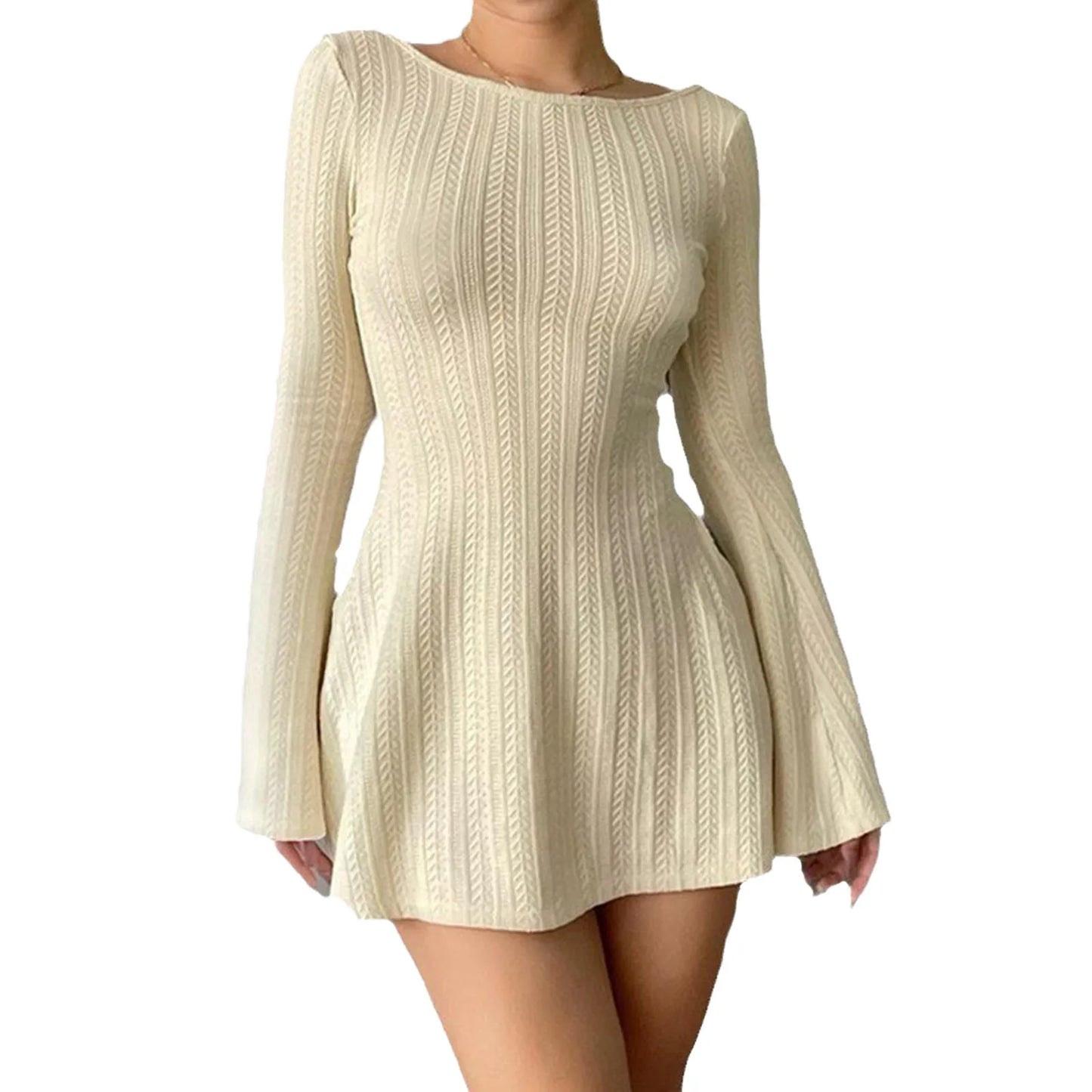 Ribbed Knit A-Line Sweater Dress – Long Sleeve, Crewneck, Casual Bodycon Fit