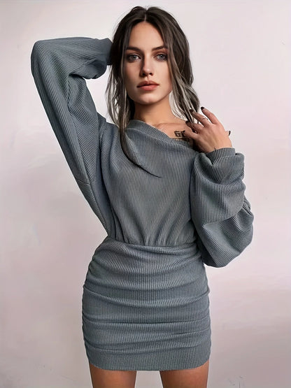 Ruched V-Neck Long Sleeve Bodycon Mini Dress