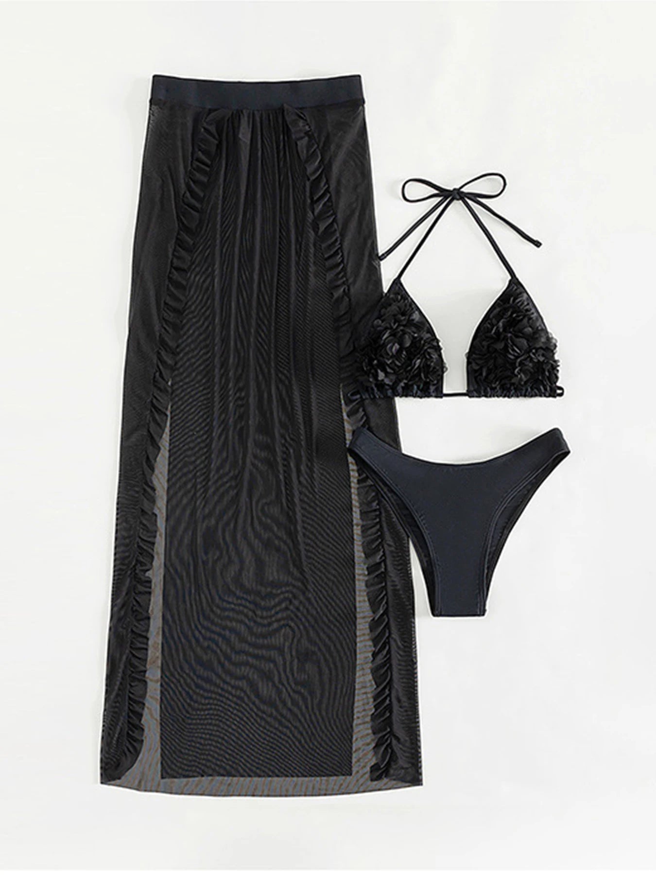 Three-Piece Bikini Set with High-Split Beach Skirt