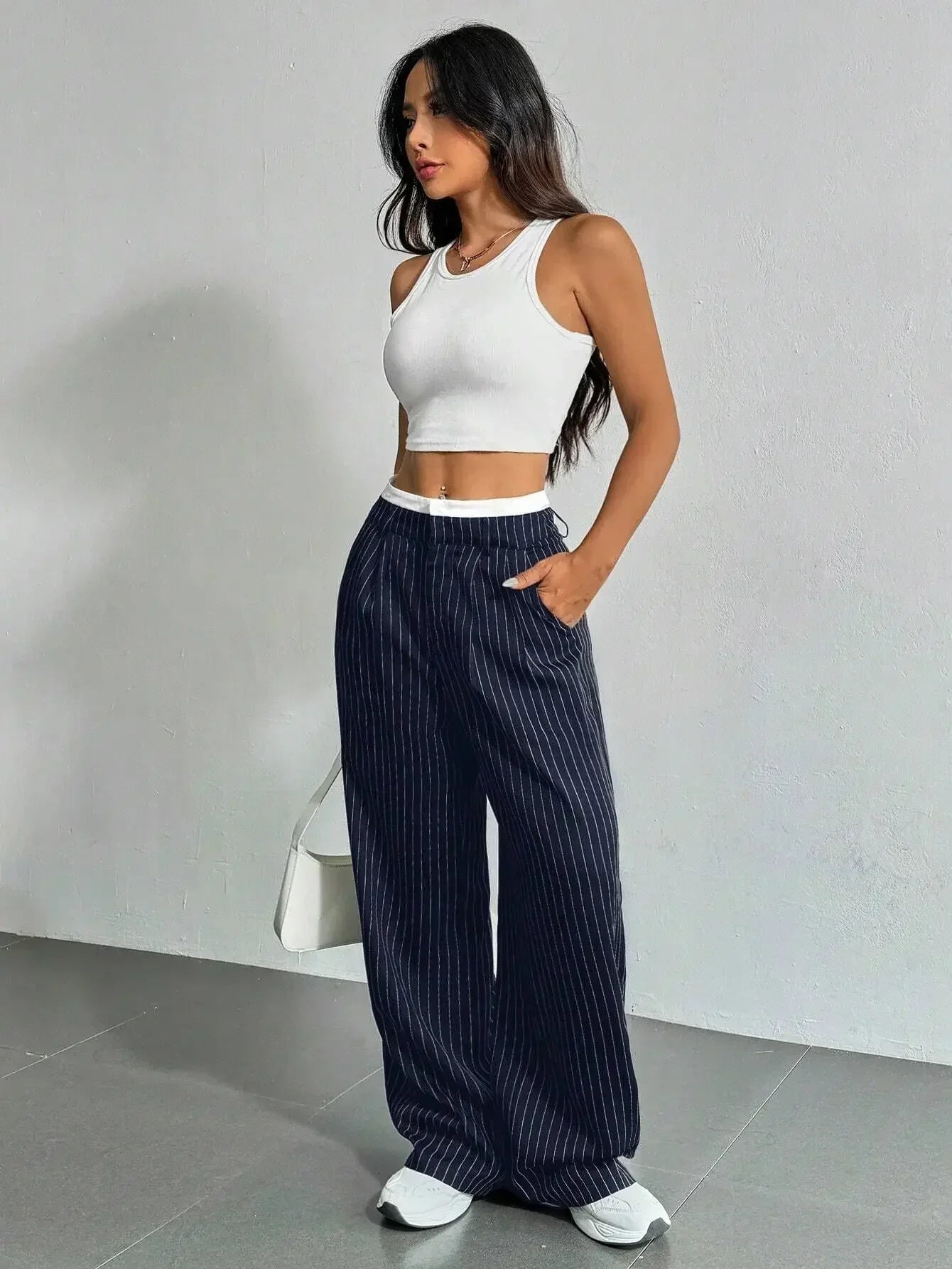 High Waist Casual Striped Wide-Leg Pants