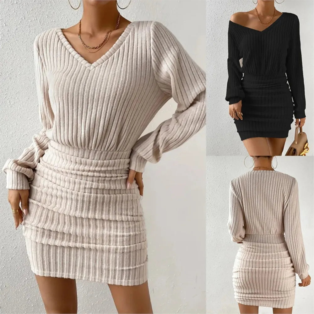 V Neck Ribbed Sleeve Slim Bodycon Knitted Short Dress