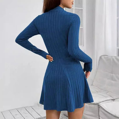 Women's Slim Fit Long Sleeve Sweater Dress – Elegant & Striped, Round Neck, Autumn Winter Style